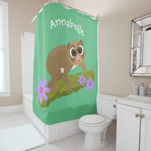 Cute happy slow loris on branch cartoon shower curtain