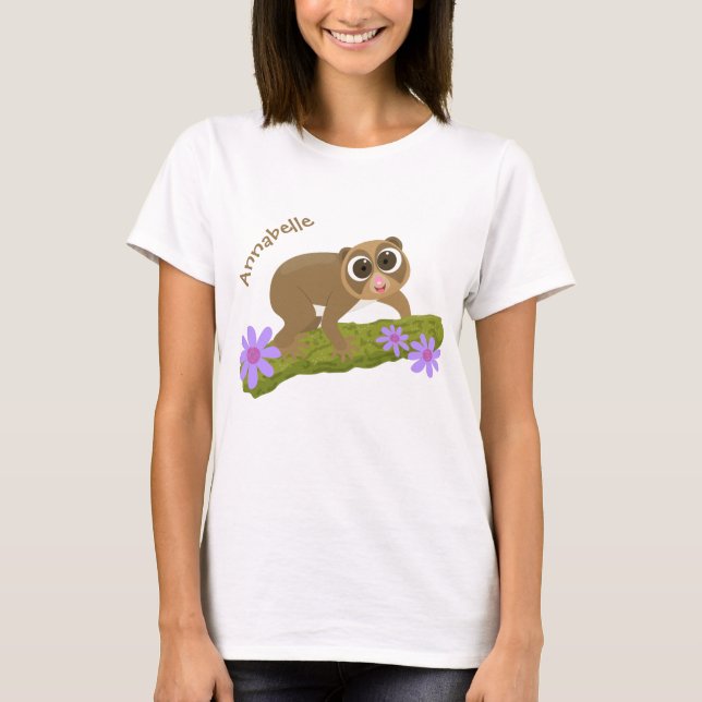 Cute happy slow loris on branch cartoon T-Shirt (Front)