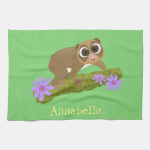 Cute happy slow loris on branch cartoon tea towel