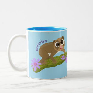 Cute happy slow loris on branch cartoon Two-Tone coffee mug