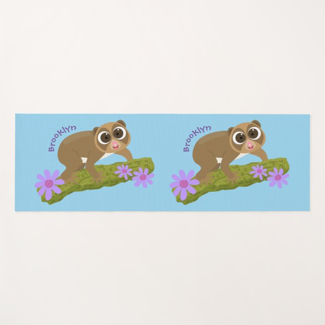 Cute happy slow loris on branch cartoon yoga mat (Front (Horizontal))