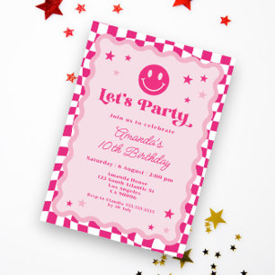 Cute Happy Smile Hot Pink Chequered Girl Birthday Invitation
