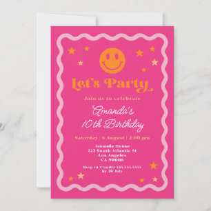 Cute Happy Smile Pink And Orange Girl Birthday Invitation