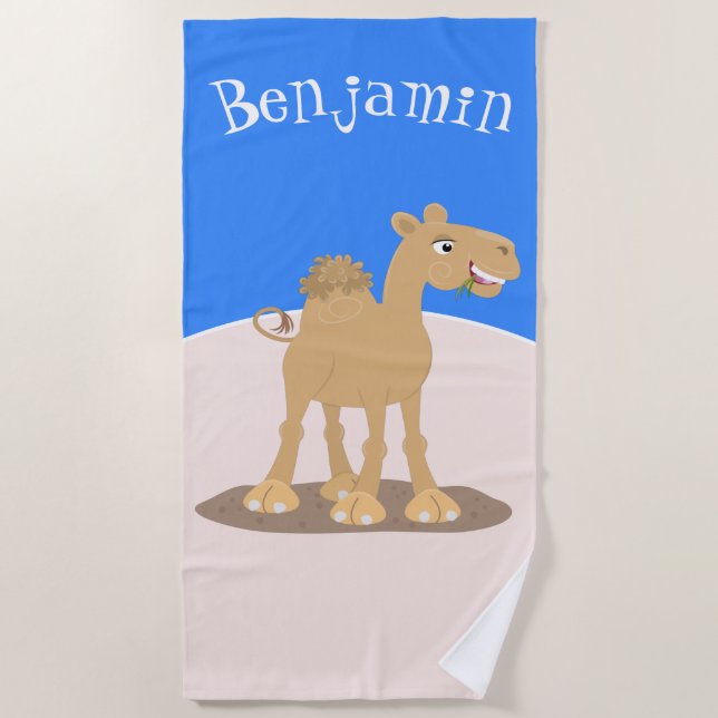 Cute happy smiling camel cartoon illustration beach towel (Front)