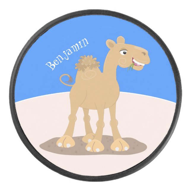 Cute happy smiling camel cartoon illustration hockey puck (Front)