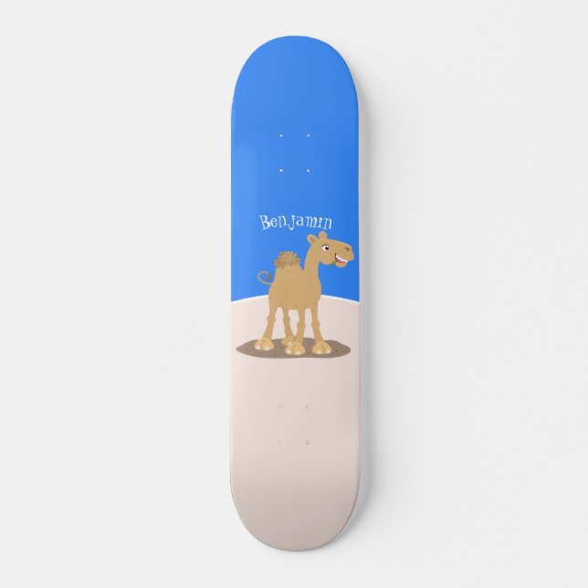 Cute happy smiling camel cartoon illustration skateboard (Front)
