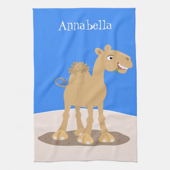 Cute happy smiling camel cartoon illustration tea towel (Vertical)