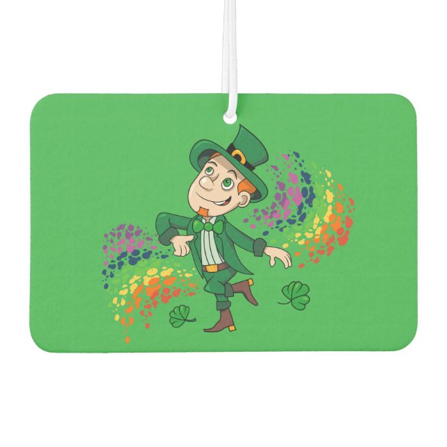Cute happy smiling dancing leprechaun, a rainbow  car air freshener (Front)