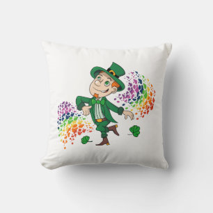 Cute happy smiling dancing leprechaun, a rainbow  cushion