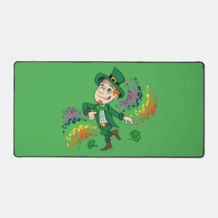 Cute happy smiling dancing leprechaun, a rainbow desk mat