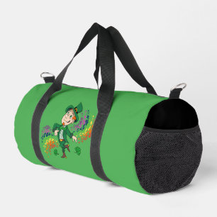 Cute happy smiling dancing leprechaun, a rainbow duffle bag
