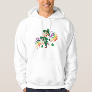 Cute happy smiling dancing leprechaun, a rainbow hoodie