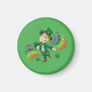 Cute happy smiling dancing leprechaun, a rainbow  magnet