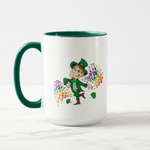 Cute happy smiling dancing leprechaun, a rainbow mug