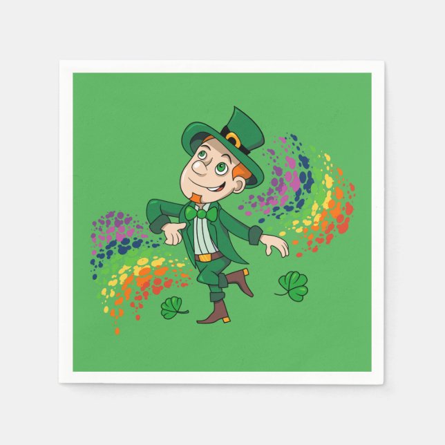 Cute happy smiling dancing leprechaun, a rainbow  napkin (Front)