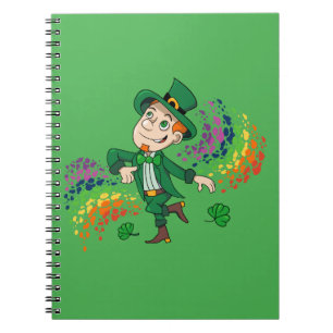 Cute happy smiling dancing leprechaun, a rainbow notebook