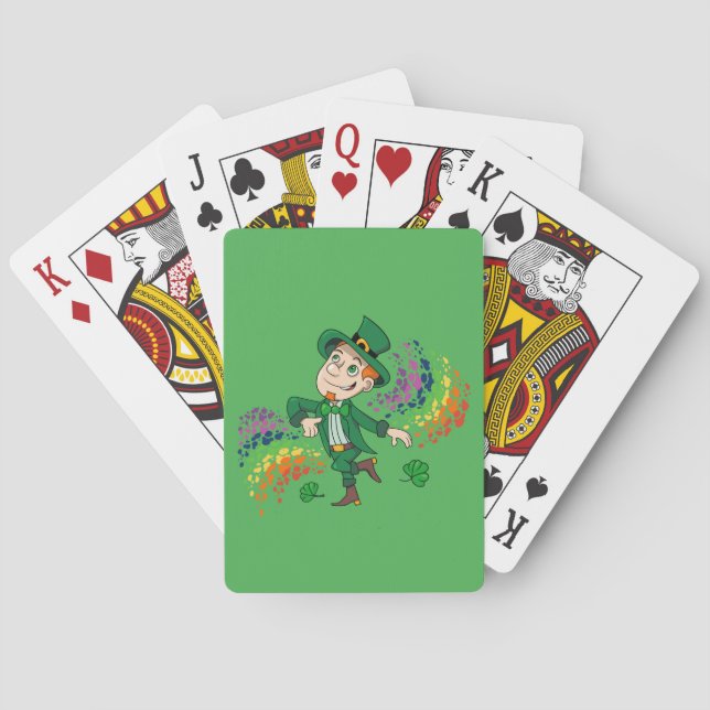 Cute happy smiling dancing leprechaun, a rainbow  playing cards (Back)