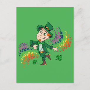 Cute happy smiling dancing leprechaun, a rainbow  postcard