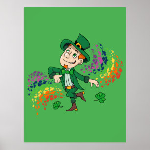 Cute happy smiling dancing leprechaun, a rainbow  poster