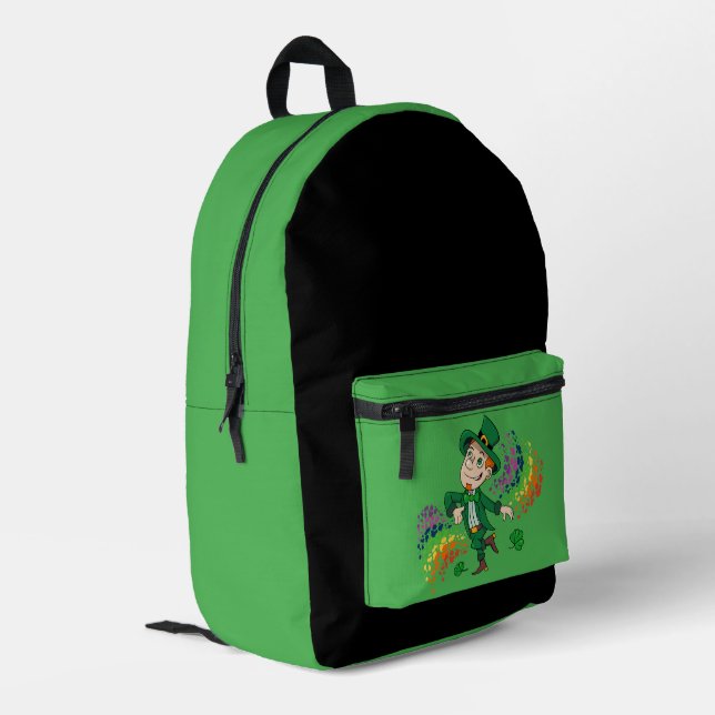 Cute happy smiling dancing leprechaun, a rainbow  printed backpack (Back Corner Left)