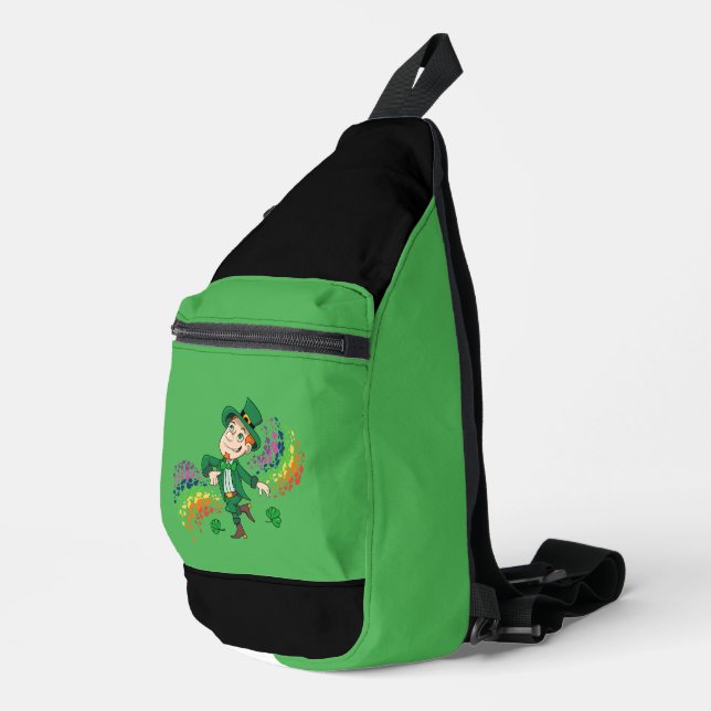 Cute happy smiling dancing leprechaun, a rainbow  sling bag (Right Corner)