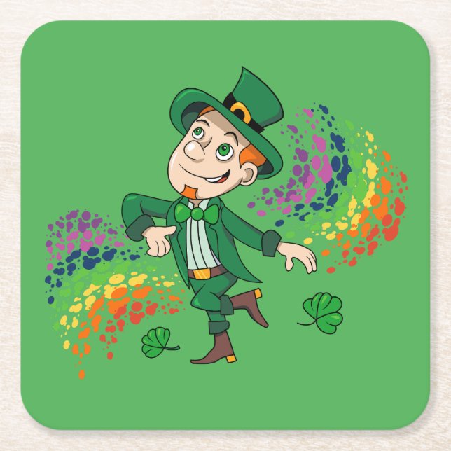 Cute happy smiling dancing leprechaun, a rainbow  square paper coaster (Front)
