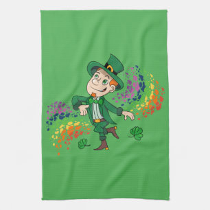Cute happy smiling dancing leprechaun, a rainbow  tea towel