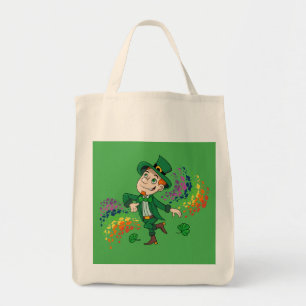 Cute happy smiling dancing leprechaun, a rainbow tote bag