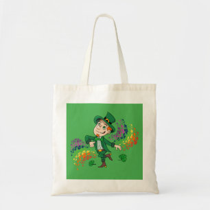 Cute happy smiling dancing leprechaun, a rainbow  tote bag
