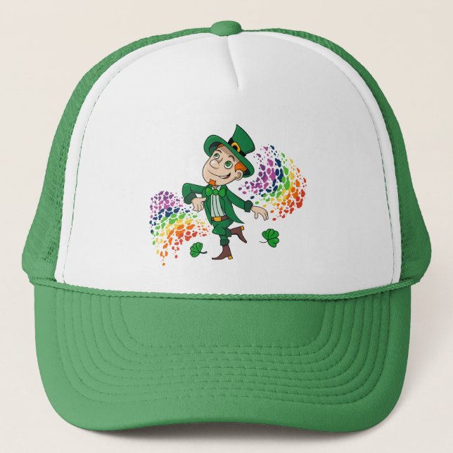 Cute happy smiling dancing leprechaun, a rainbow  trucker hat (Front)