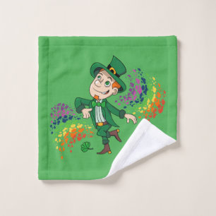 Cute happy smiling dancing leprechaun, a rainbow  wash cloth