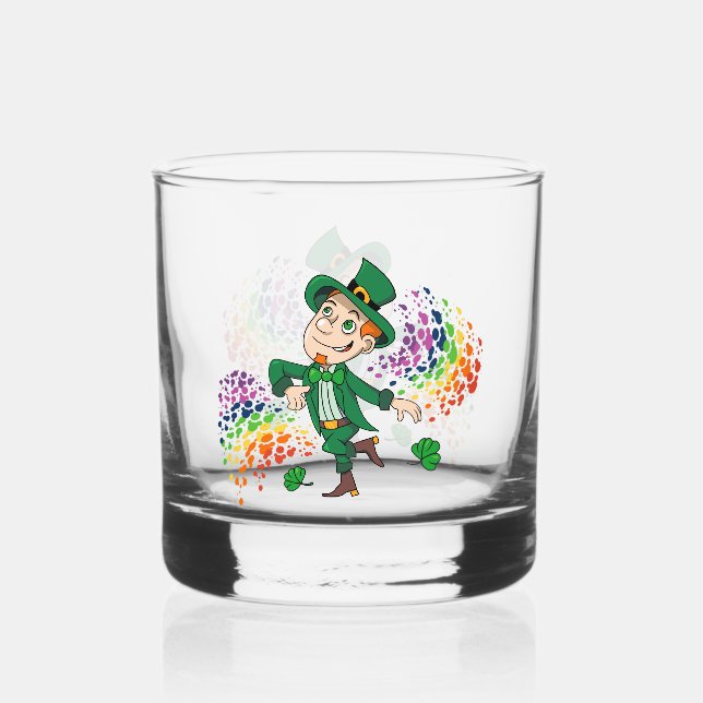 Cute happy smiling dancing leprechaun, a rainbow  whiskey glass (Front)