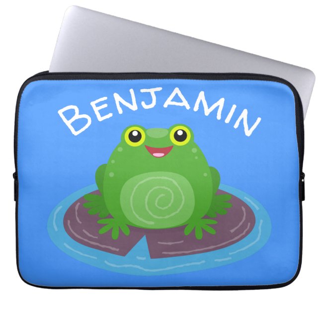 Cute happy smiling green frog cartoon illustration laptop sleeve (Front)