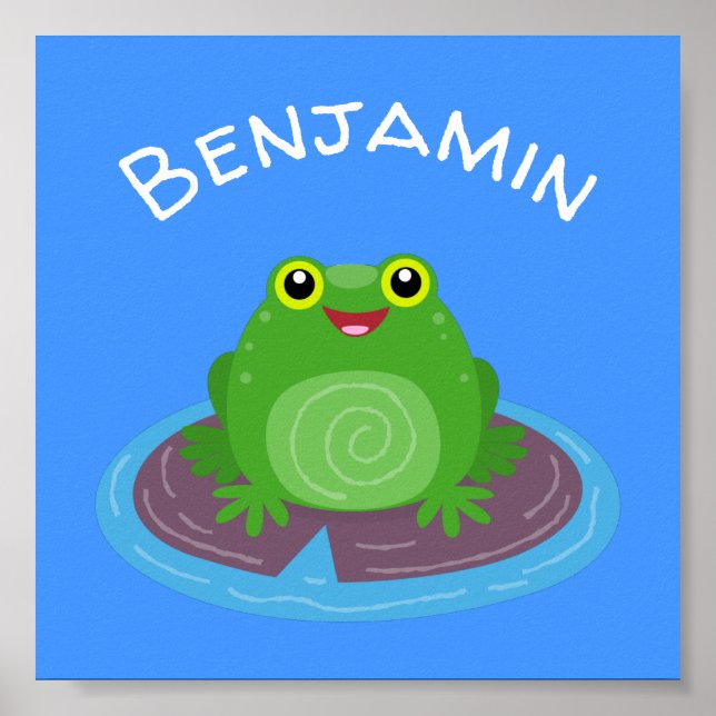 Cute happy smiling green frog cartoon illustration poster (Front)