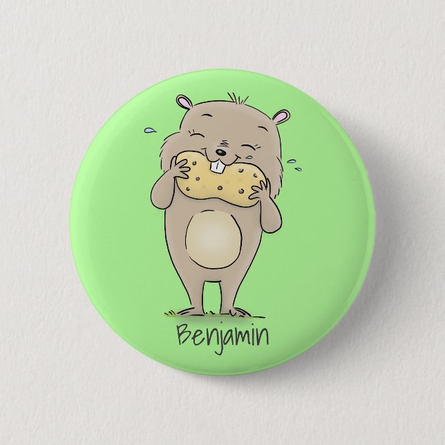 Cute happy smiling hamster with peanut cartoon 6 cm round badge (Front)