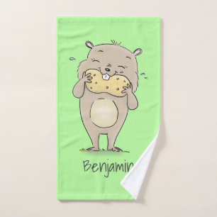 Cute happy smiling hamster with peanut cartoon bath towel set