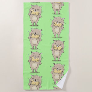 Cute happy smiling hamster with peanut cartoon beach towel