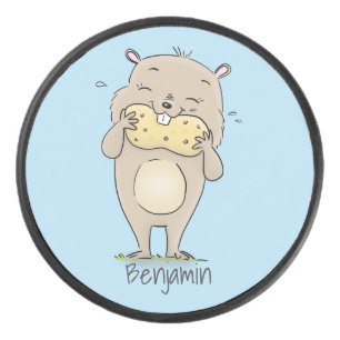 Cute happy smiling hamster with peanut cartoon hockey puck
