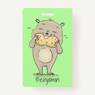 Cute happy smiling hamster with peanut cartoon ID badge