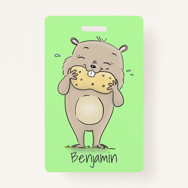 Cute happy smiling hamster with peanut cartoon ID badge (Front)