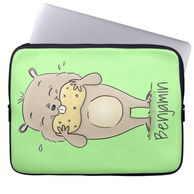 Cute happy smiling hamster with peanut cartoon laptop sleeve (Front)