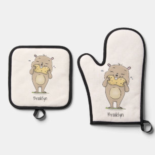 Cute happy smiling hamster with peanut cartoon oven mitt & pot holder set