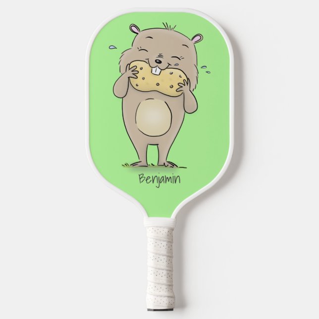 Cute happy smiling hamster with peanut cartoon pickleball paddle (Front)