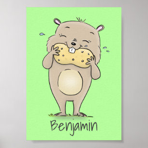 Cute happy smiling hamster with peanut cartoon poster