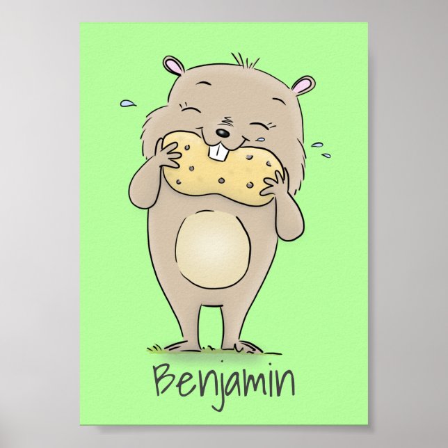 Cute happy smiling hamster with peanut cartoon poster (Front)