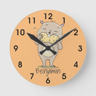 Cute happy smiling hamster with peanut cartoon rou round clock
