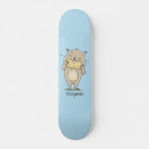 Cute happy smiling hamster with peanut cartoon skateboard