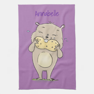 Cute happy smiling hamster with peanut cartoon tea towel