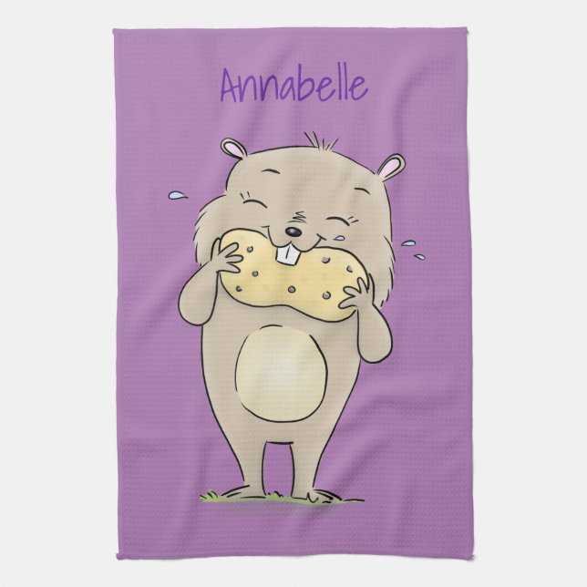 Cute happy smiling hamster with peanut cartoon tea towel (Vertical)