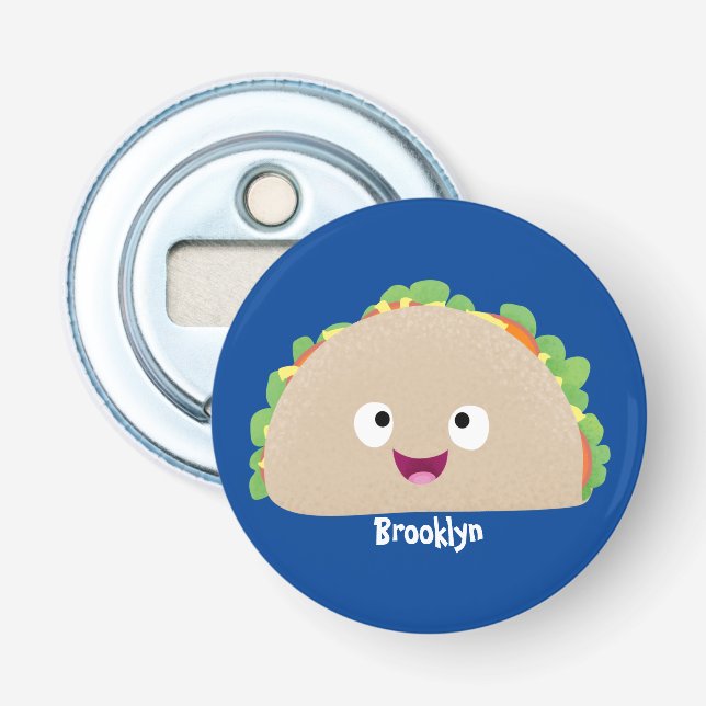 Cute happy smiling taco cartoon illustration bottle opener (Front)